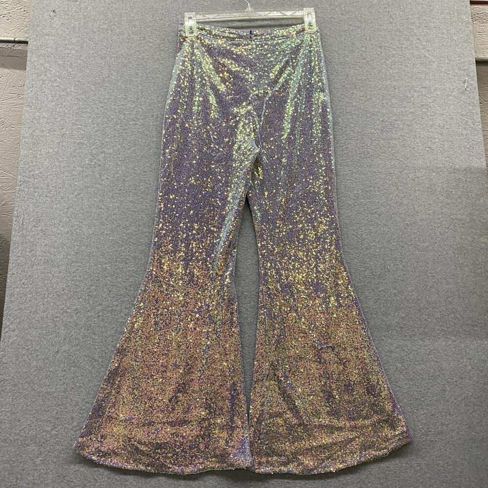 Nasty Gal Iridescent Sequin Flare Pants Womens 8 Silver Disco Festival Bell Btm - Picture 6 of 13